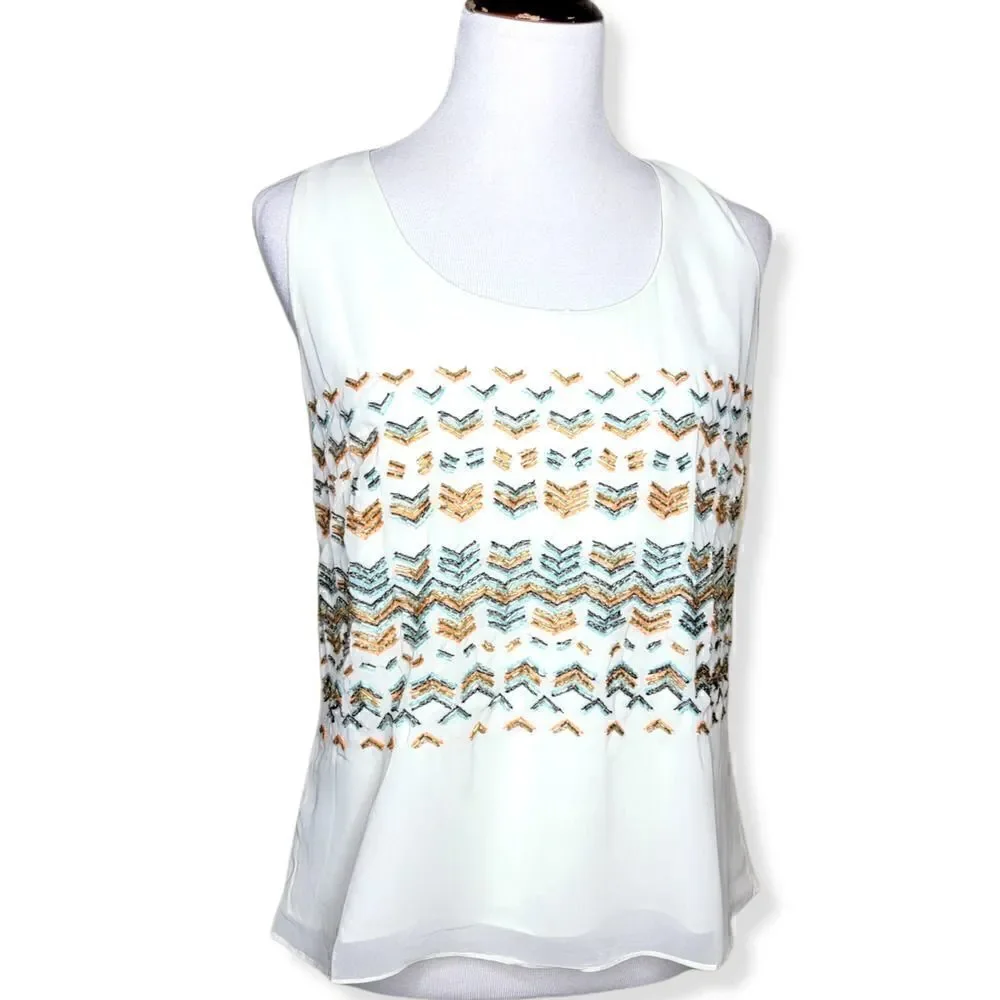 Greylin Racerback Sequin Bead Embellished Boho Tank Top Blouse White Medium
